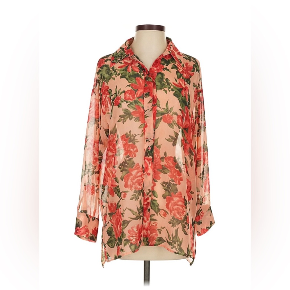 Zara Floral Sheer Button-Down Shirt - Peach & Coral